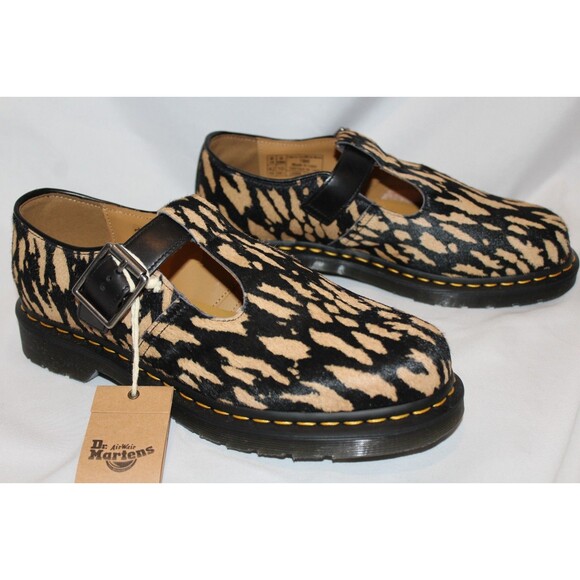 Dr Martens Genuine Calf Hair T-Bar Oxfords Camel Black NWT SZ 10 $170 - Picture 1 of 6